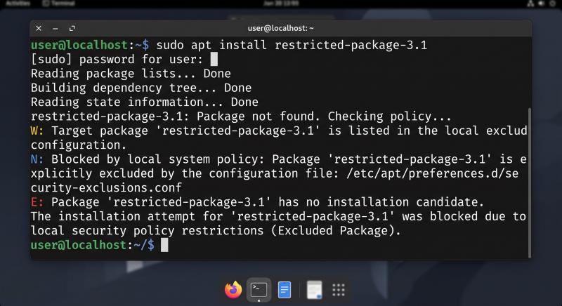 Capture d'écran d'un terminal montrant le blocage d'une tentative de téléchargement d'un paquet exclu