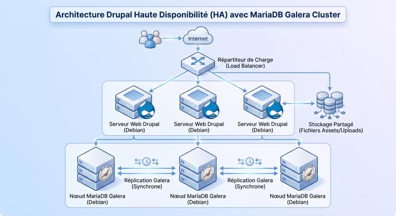 Schéma d'une architecture haute disponibilité avec un répartiteur de charge orientant le trafic vers trois serveurs web Drupal connectés à un cluster MariaDB Galera à trois nœuds