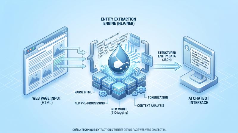 Schéma technique montrant l'extraction d'entités depuis une page web vers une interface de type chatbot IA