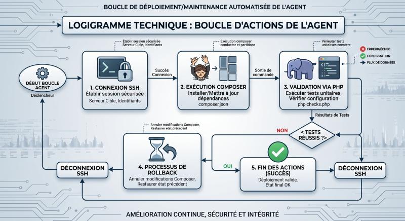 logigramme technique montrant la boucle d'actions de l'agent 