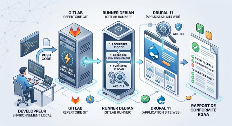 schéma technique représentant le flux de travail entre un développeur qui pousse son code sur GitLab