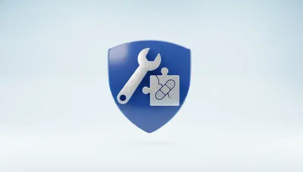 Bouclier bleu en 3D accompagné d'une clé et d'une pièce de puzzle réparée, symbolisant un correctif de sécurité appliqué à un module