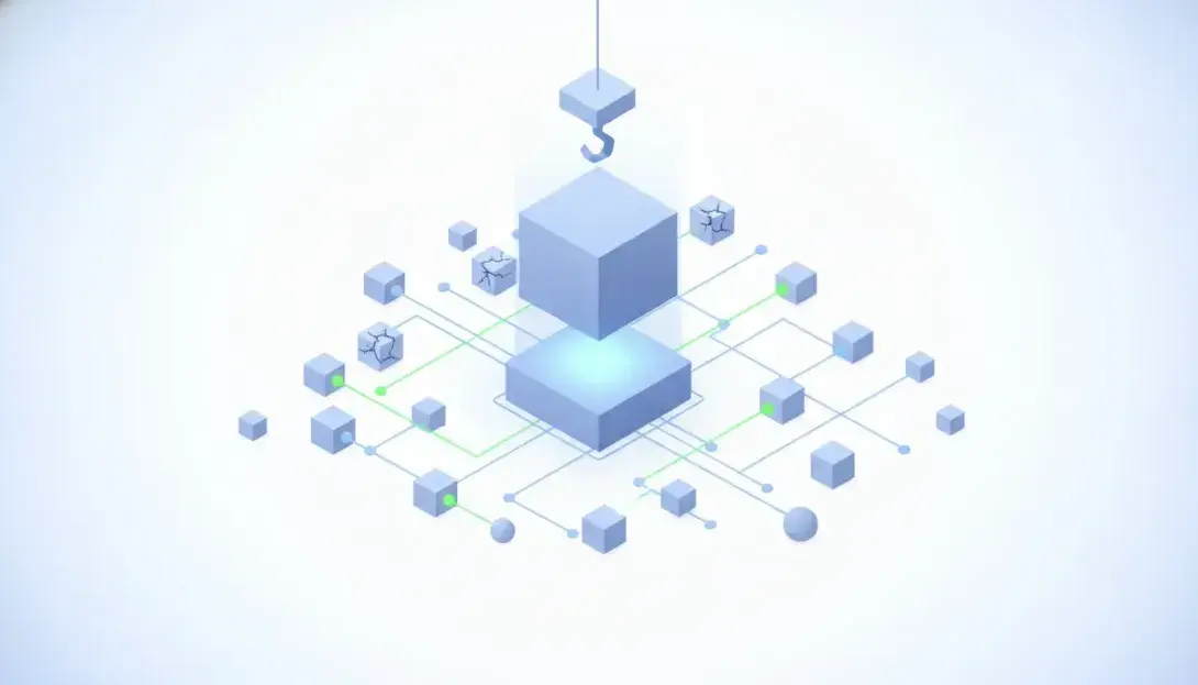Graphe de dépendances isométrique où quelques modules apparaissent compatibles et d'autres abandonnés, autour d'un bloc central en cours de remplacement